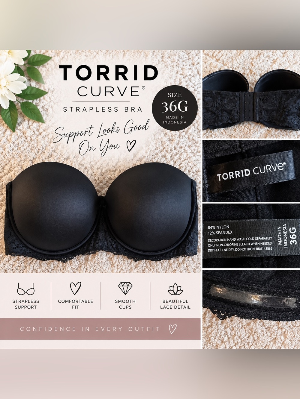 Torrid Curve Strapless Lace-Trim Bra - Black (36G)